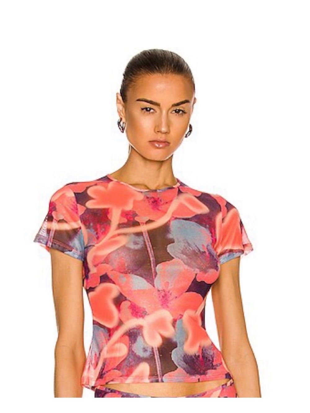Miaou Floral Coral Short Sleeve Mesh Top